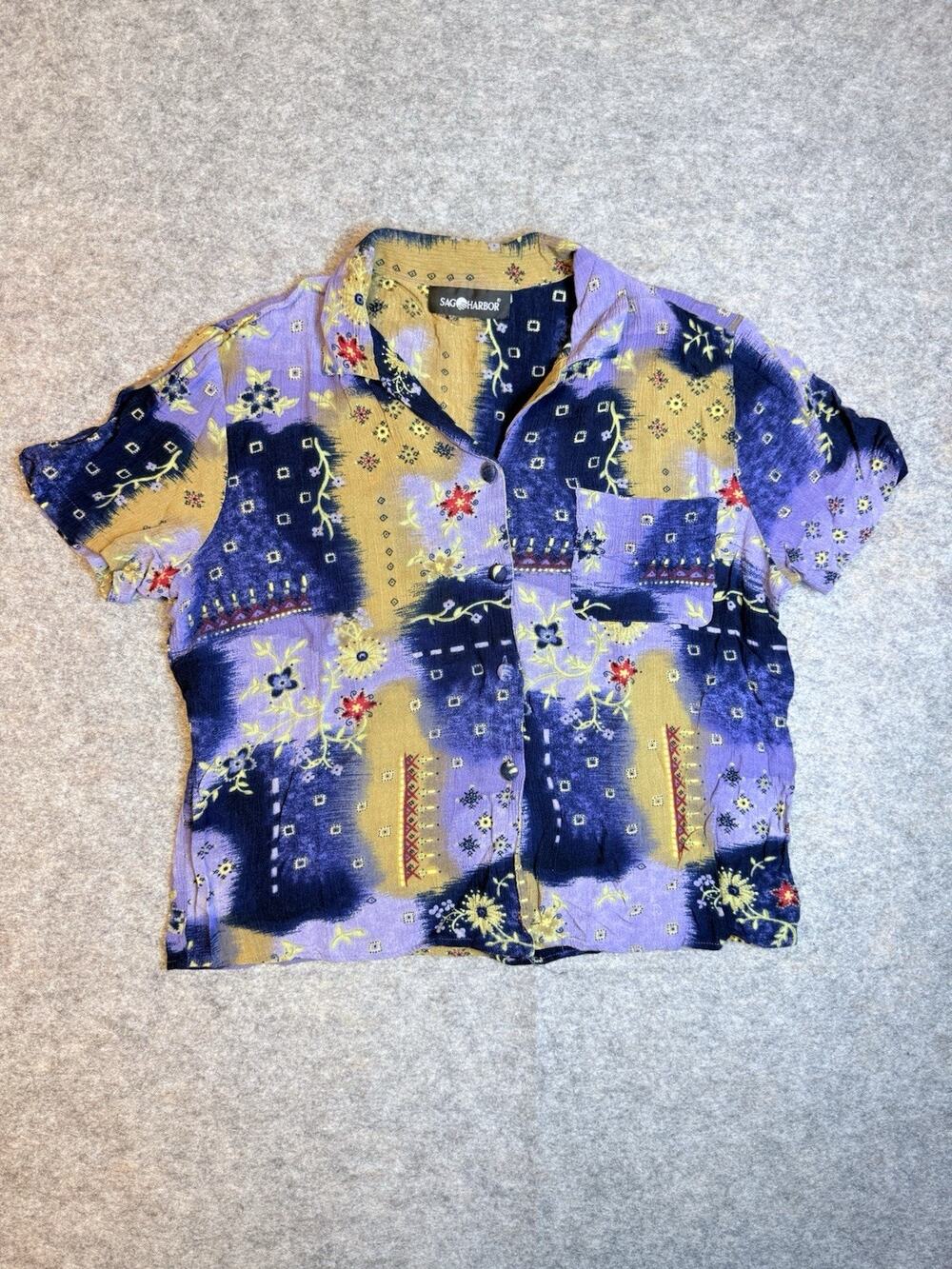 Sag Harbor Purple Floral Patchwork Design Button-Down Blouse No Tag Size M
